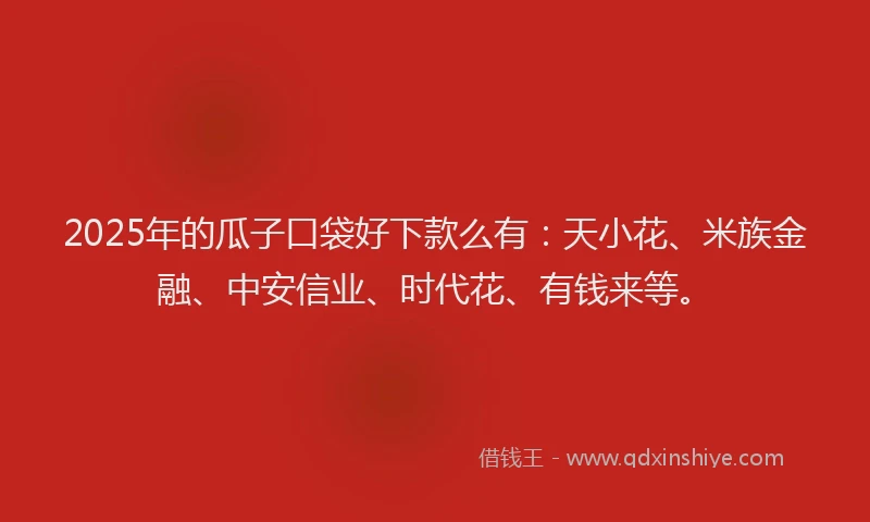 2025年的瓜子口袋好下款么有：天小花、米族金融、中安信业、时代花、有钱来等。