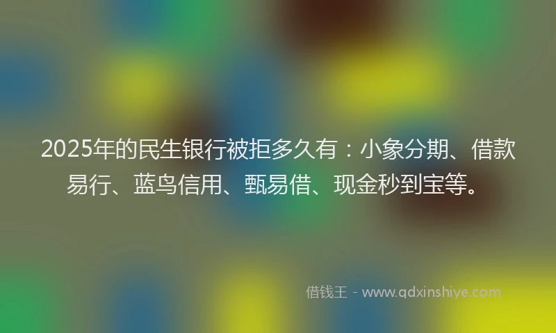 2025年的民生银行被拒多久有：小象分期、借款易行、蓝鸟信用、甄易借、现金秒到宝等。