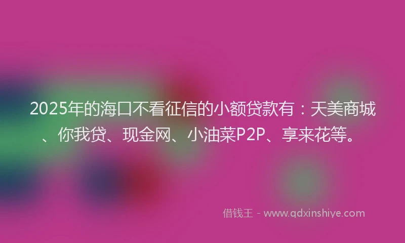 2025年的海口不看征信的小额贷款有：天美商城、你我贷、现金网、小油菜P2P、享来花等。