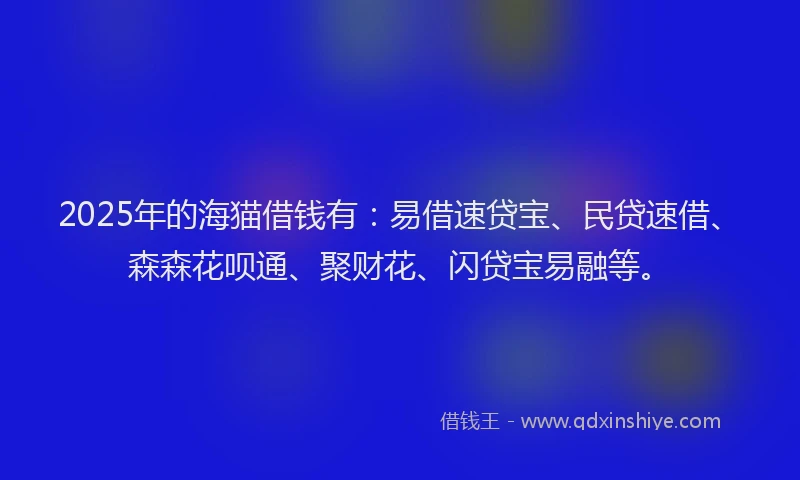 2025年的海猫借钱有：易借速贷宝、民贷速借、森森花呗通、聚财花、闪贷宝易融等。