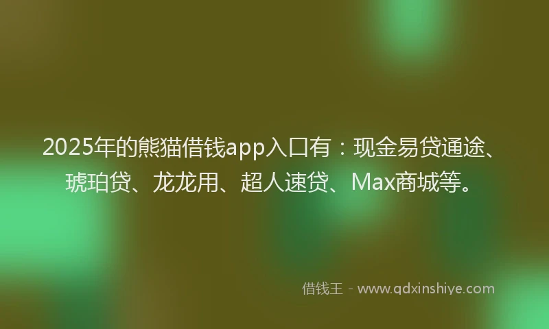 2025年的熊猫借钱app入口有：现金易贷通途、琥珀贷、龙龙用、超人速贷、Max商城等。