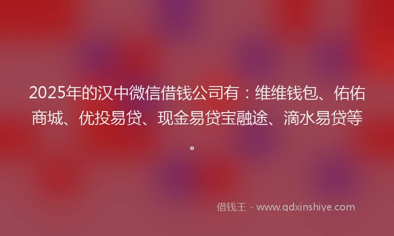 2025年的汉中微信借钱公司有：维维钱包、佑佑商城、优投易贷、现金易贷宝融途、滴水易贷等。