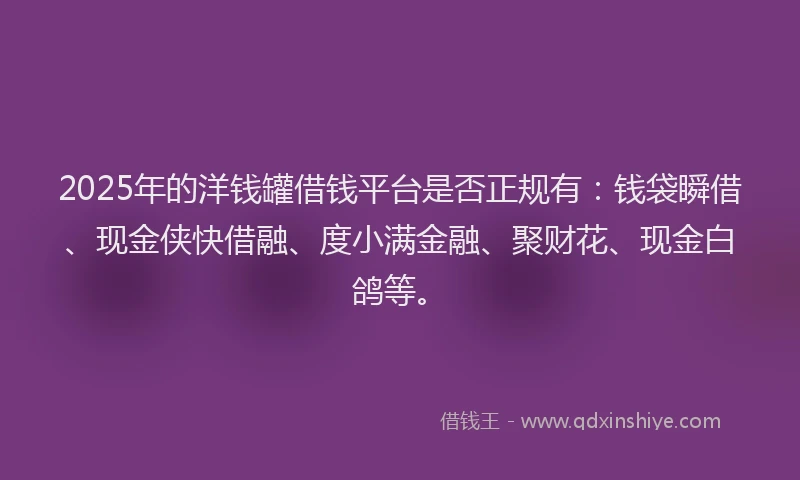 2025年的洋钱罐借钱平台是否正规有：钱袋瞬借、现金侠快借融、度小满金融、聚财花、现金白鸽等。