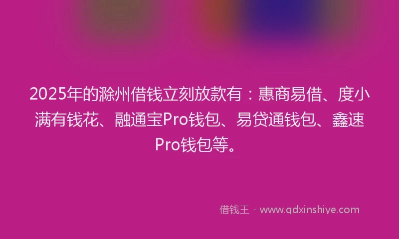 2025年的滁州借钱立刻放款有：惠商易借、度小满有钱花、融通宝Pro钱包、易贷通钱包、鑫速Pro钱包等。