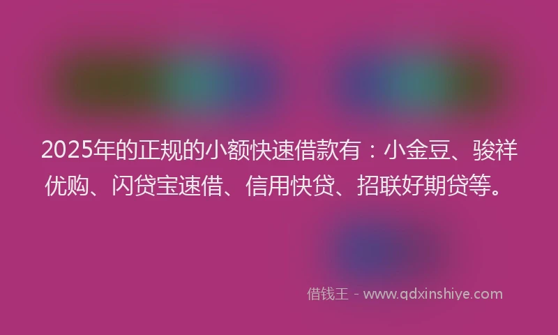 2025年的正规的小额快速借款有：小金豆、骏祥优购、闪贷宝速借、信用快贷、招联好期贷等。