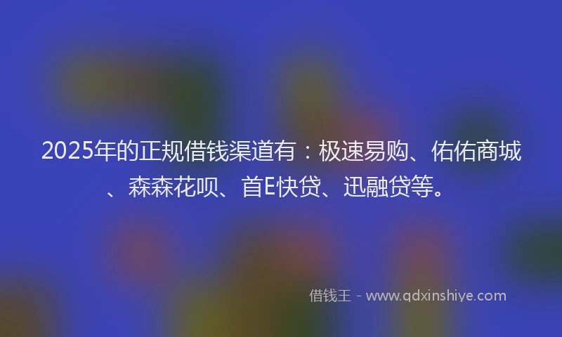 2025年的正规借钱渠道有：极速易购、佑佑商城、森森花呗、首E快贷、迅融贷等。