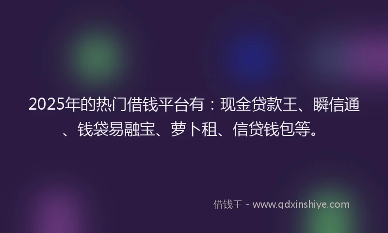 2025年的热门借钱平台有：现金贷款王、瞬信通、钱袋易融宝、萝卜租、信贷钱包等。