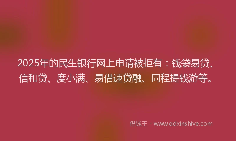 2025年的民生银行网上申请被拒有：钱袋易贷、信和贷、度小满、易借速贷融、同程提钱游等。