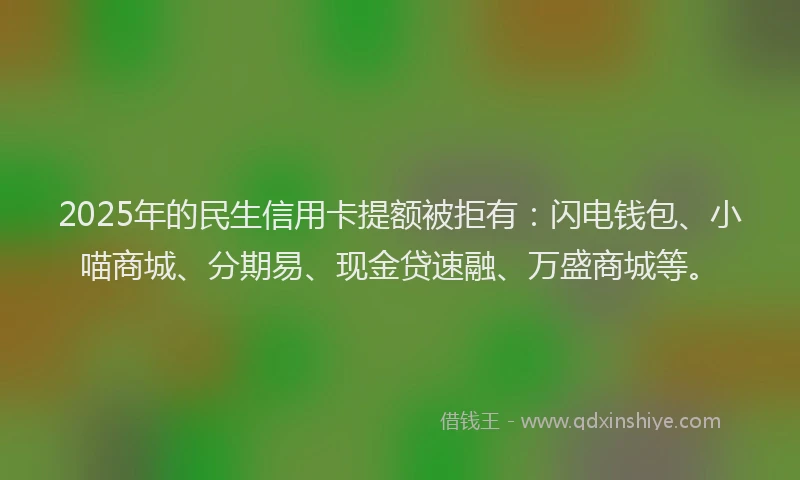 2025年的民生信用卡提额被拒有：闪电钱包、小喵商城、分期易、现金贷速融、万盛商城等。