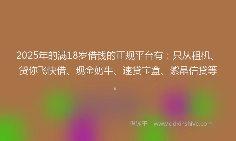 2025年的满18岁借钱的正规平台有：只从租机、贷你飞快借、现金奶牛、速贷宝盒、紫晶信贷等。