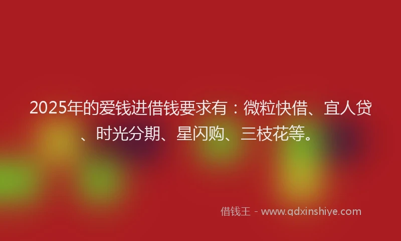 2025年的爱钱进借钱要求有：微粒快借、宜人贷、时光分期、星闪购、三枝花等。