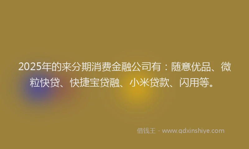 2025年的来分期消费金融公司有：随意优品、微粒快贷、快捷宝贷融、小米贷款、闪用等。