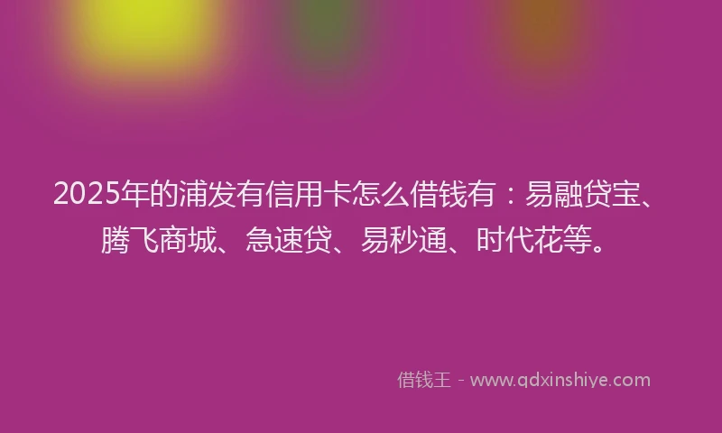 2025年的浦发有信用卡怎么借钱有：易融贷宝、腾飞商城、急速贷、易秒通、时代花等。