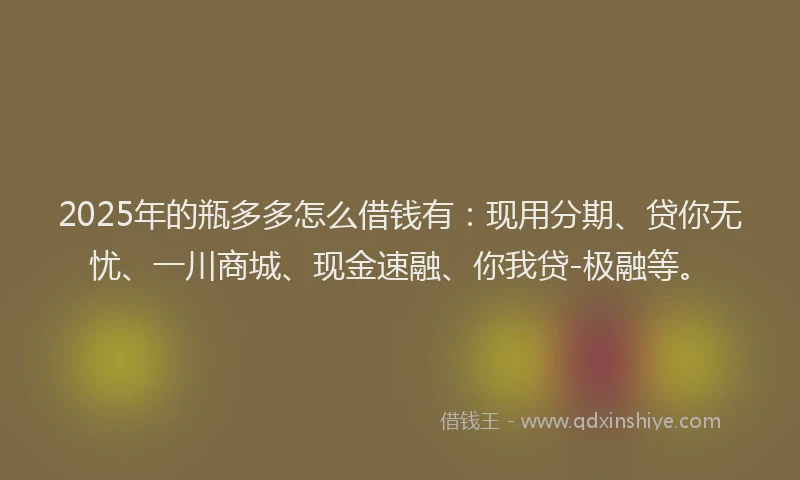 2025年的瓶多多怎么借钱有：现用分期、贷你无忧、一川商城、现金速融、你我贷-极融等。