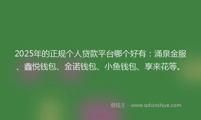 2025年的正规个人贷款平台哪个好有：涌泉金服、鑫悦钱包、金诺钱包、小鱼钱包、享来花等。