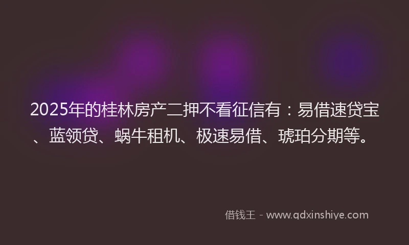2025年的桂林房产二押不看征信有：易借速贷宝、蓝领贷、蜗牛租机、极速易借、琥珀分期等。