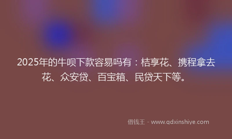 2025年的牛呗下款容易吗有：桔享花、携程拿去花、众安贷、百宝箱、民贷天下等。