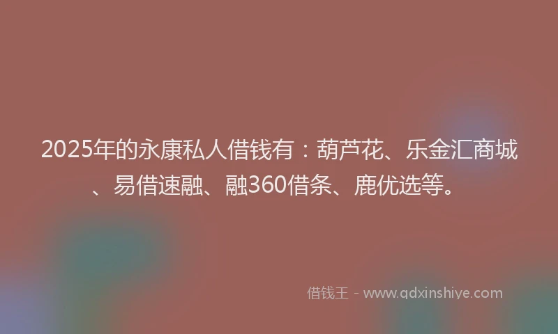 2025年的永康私人借钱有：葫芦花、乐金汇商城、易借速融、融360借条、鹿优选等。