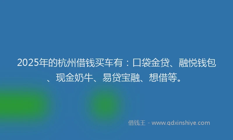 2025年的杭州借钱买车有：口袋金贷、融悦钱包、现金奶牛、易贷宝融、想借等。