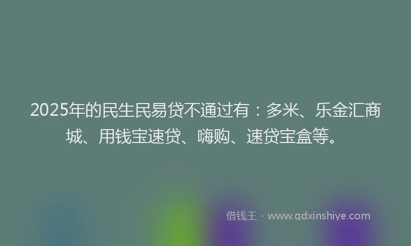 2025年的民生民易贷不通过有：多米、乐金汇商城、用钱宝速贷、嗨购、速贷宝盒等。