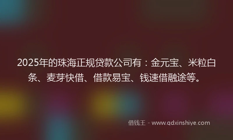 2025年的珠海正规贷款公司有：金元宝、米粒白条、麦芽快借、借款易宝、钱速借融途等。