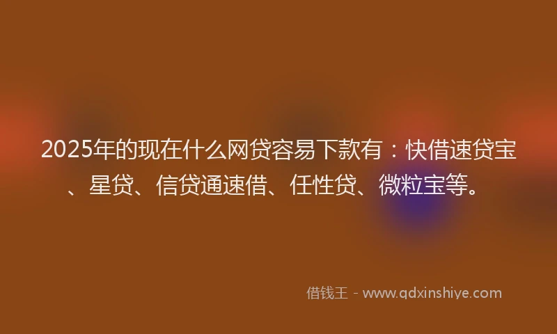 2025年的现在什么网贷容易下款有：快借速贷宝、星贷、信贷通速借、任性贷、微粒宝等。