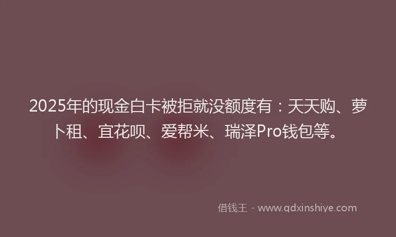 2025年的现金白卡被拒就没额度有：天天购、萝卜租、宜花呗、爱帮米、瑞泽Pro钱包等。