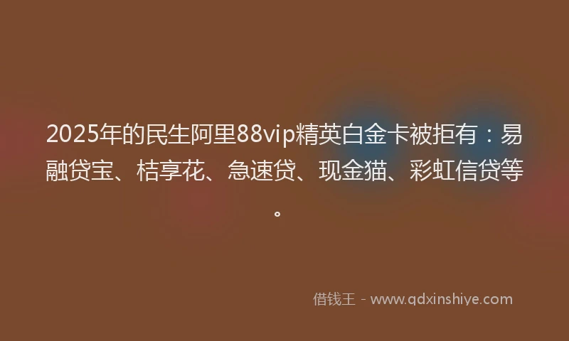 2025年的民生阿里88vip精英白金卡被拒有：易融贷宝、桔享花、急速贷、现金猫、彩虹信贷等。