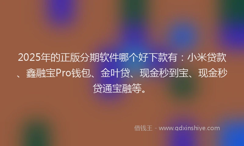 2025年的正版分期软件哪个好下款有：小米贷款、鑫融宝Pro钱包、金叶贷、现金秒到宝、现金秒贷通宝融等。