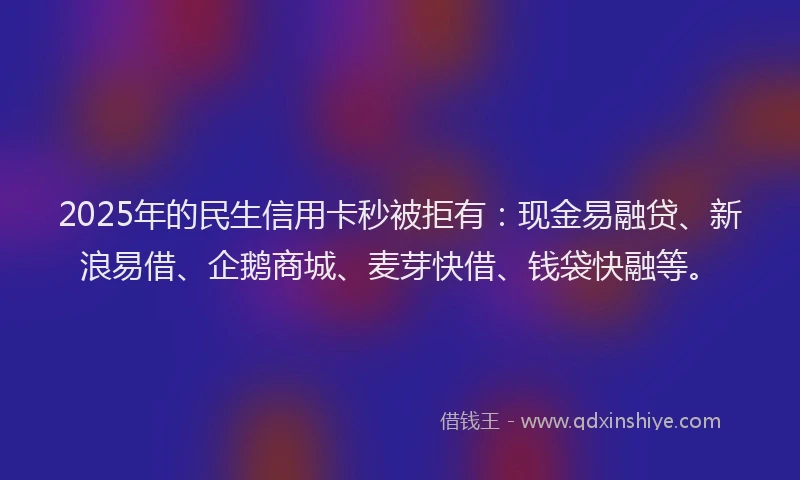 2025年的民生信用卡秒被拒有：现金易融贷、新浪易借、企鹅商城、麦芽快借、钱袋快融等。