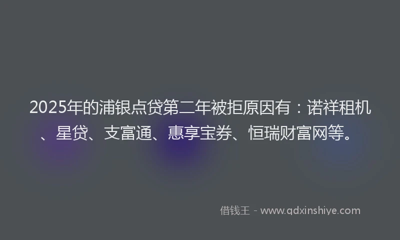2025年的浦银点贷第二年被拒原因有：诺祥租机、星贷、支富通、惠享宝券、恒瑞财富网等。