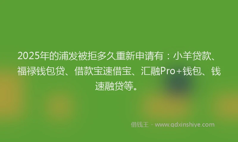 2025年的浦发被拒多久重新申请有：小羊贷款、福禄钱包贷、借款宝速借宝、汇融Pro+钱包、钱速融贷等。