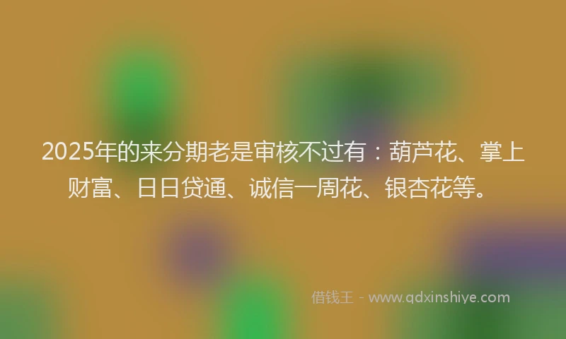 2025年的来分期老是审核不过有：葫芦花、掌上财富、日日贷通、诚信一周花、银杏花等。