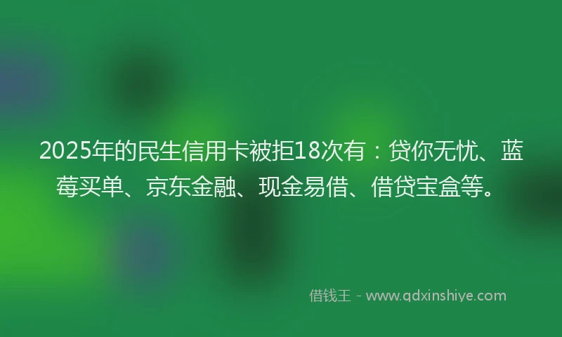 2025年的民生信用卡被拒18次有：贷你无忧、蓝莓买单、京东金融、现金易借、借贷宝盒等。