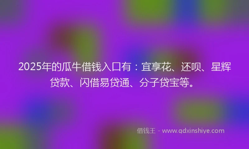 2025年的瓜牛借钱入口有：宜享花、还呗、星辉贷款、闪借易贷通、分子贷宝等。