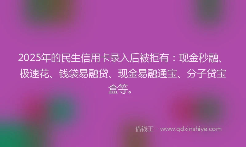 2025年的民生信用卡录入后被拒有：现金秒融、极速花、钱袋易融贷、现金易融通宝、分子贷宝盒等。