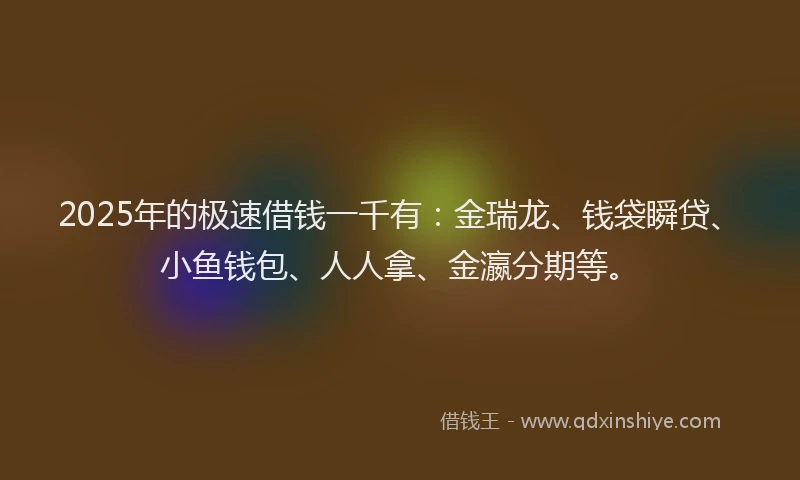 2025年的极速借钱一千有：金瑞龙、钱袋瞬贷、小鱼钱包、人人拿、金瀛分期等。