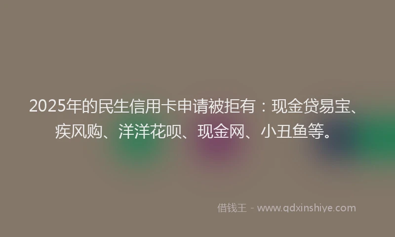 2025年的民生信用卡申请被拒有：现金贷易宝、疾风购、洋洋花呗、现金网、小丑鱼等。