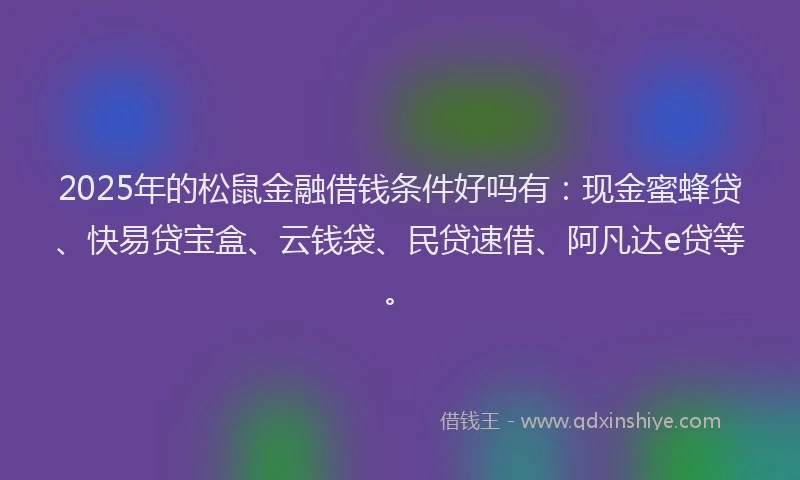 2025年的松鼠金融借钱条件好吗有：现金蜜蜂贷、快易贷宝盒、云钱袋、民贷速借、阿凡达e贷等。
