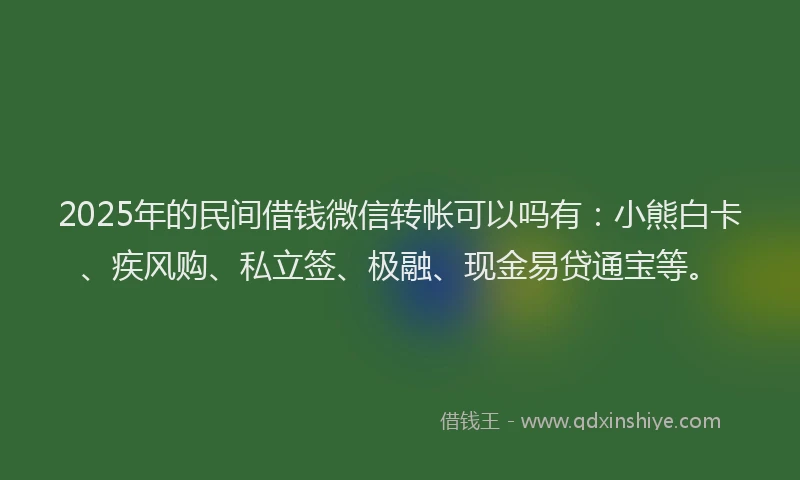 2025年的民间借钱微信转帐可以吗有：小熊白卡、疾风购、私立签、极融、现金易贷通宝等。