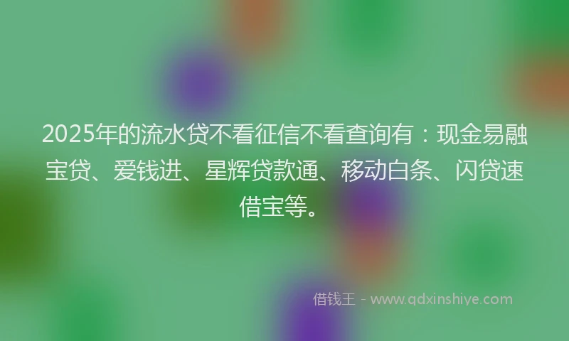 2025年的流水贷不看征信不看查询有：现金易融宝贷、爱钱进、星辉贷款通、移动白条、闪贷速借宝等。