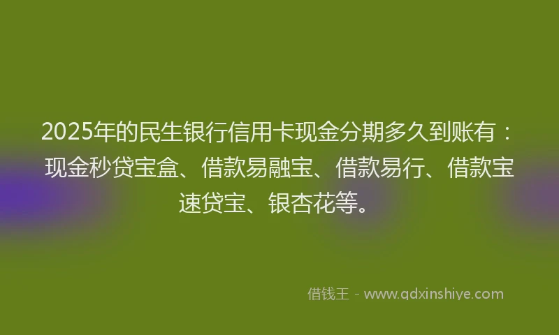 2025年的民生银行信用卡现金分期多久到账有：现金秒贷宝盒、借款易融宝、借款易行、借款宝速贷宝、银杏花等。