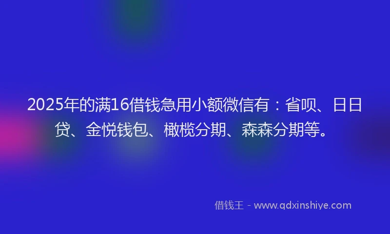 2025年的满16借钱急用小额微信有：省呗、日日贷、金悦钱包、橄榄分期、森森分期等。