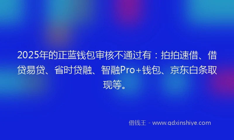 2025年的正蓝钱包审核不通过有：拍拍速借、借贷易贷、省时贷融、智融Pro+钱包、京东白条取现等。