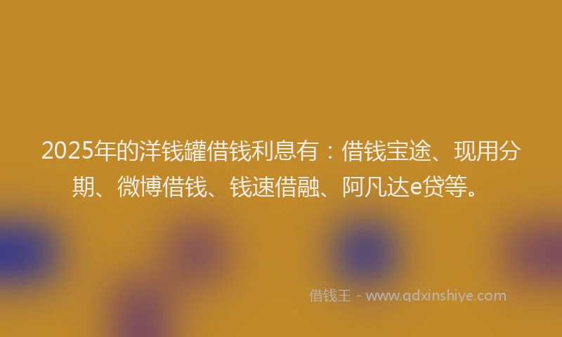 2025年的洋钱罐借钱利息有：借钱宝途、现用分期、微博借钱、钱速借融、阿凡达e贷等。