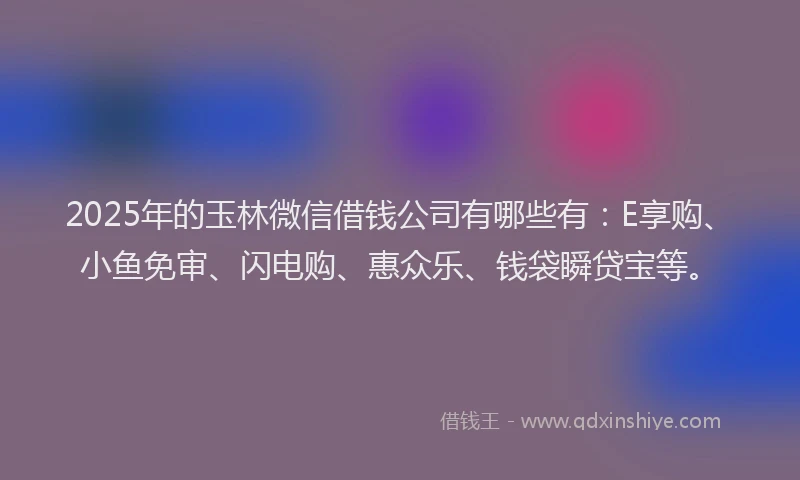 2025年的玉林微信借钱公司有哪些有：E享购、小鱼免审、闪电购、惠众乐、钱袋瞬贷宝等。