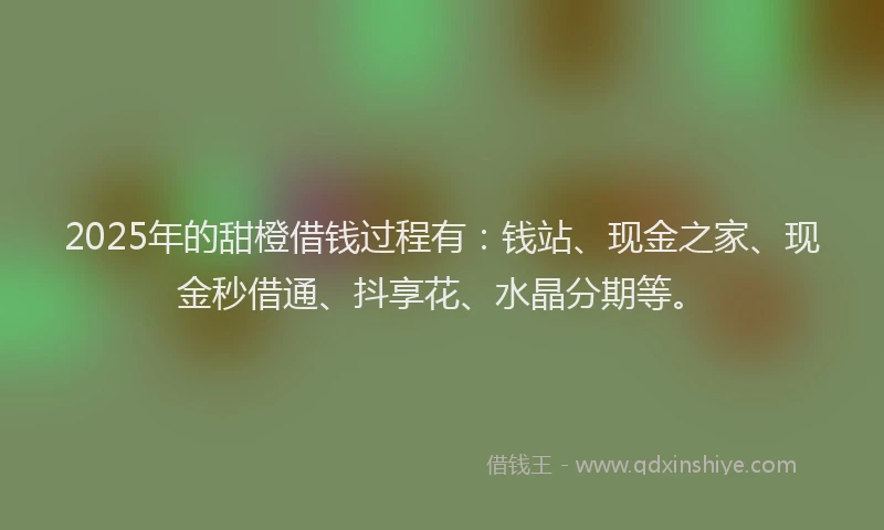 2025年的甜橙借钱过程有：钱站、现金之家、现金秒借通、抖享花、水晶分期等。