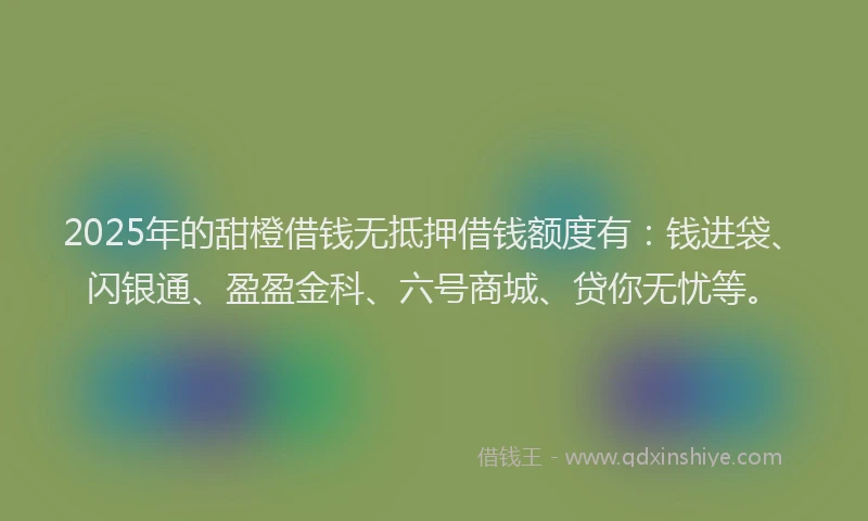 2025年的甜橙借钱无抵押借钱额度有：钱进袋、闪银通、盈盈金科、六号商城、贷你无忧等。