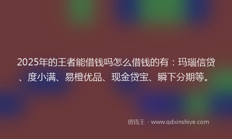 2025年的王者能借钱吗怎么借钱的有：玛瑙信贷、度小满、易橙优品、现金贷宝、瞬下分期等。