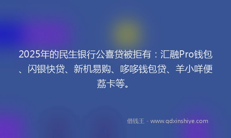 2025年的民生银行公喜贷被拒有：汇融Pro钱包、闪银快贷、新机易购、哆哆钱包贷、羊小咩便荔卡等。